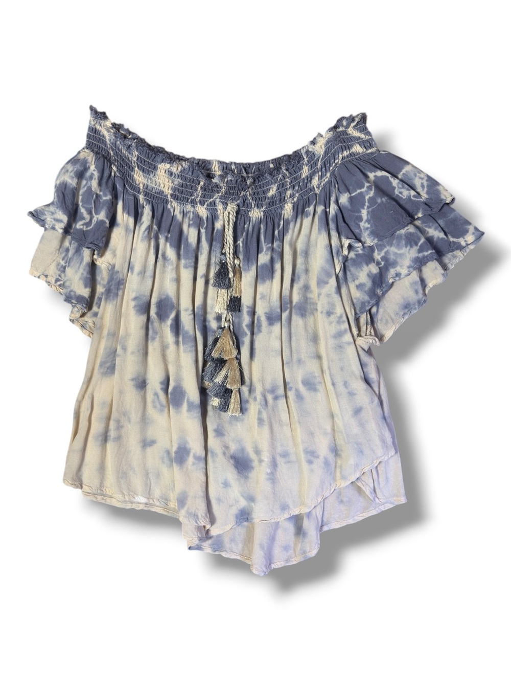 Surf Gypsy Off-Shoulder Blue Tie-Dye Peasant Top with Tassel